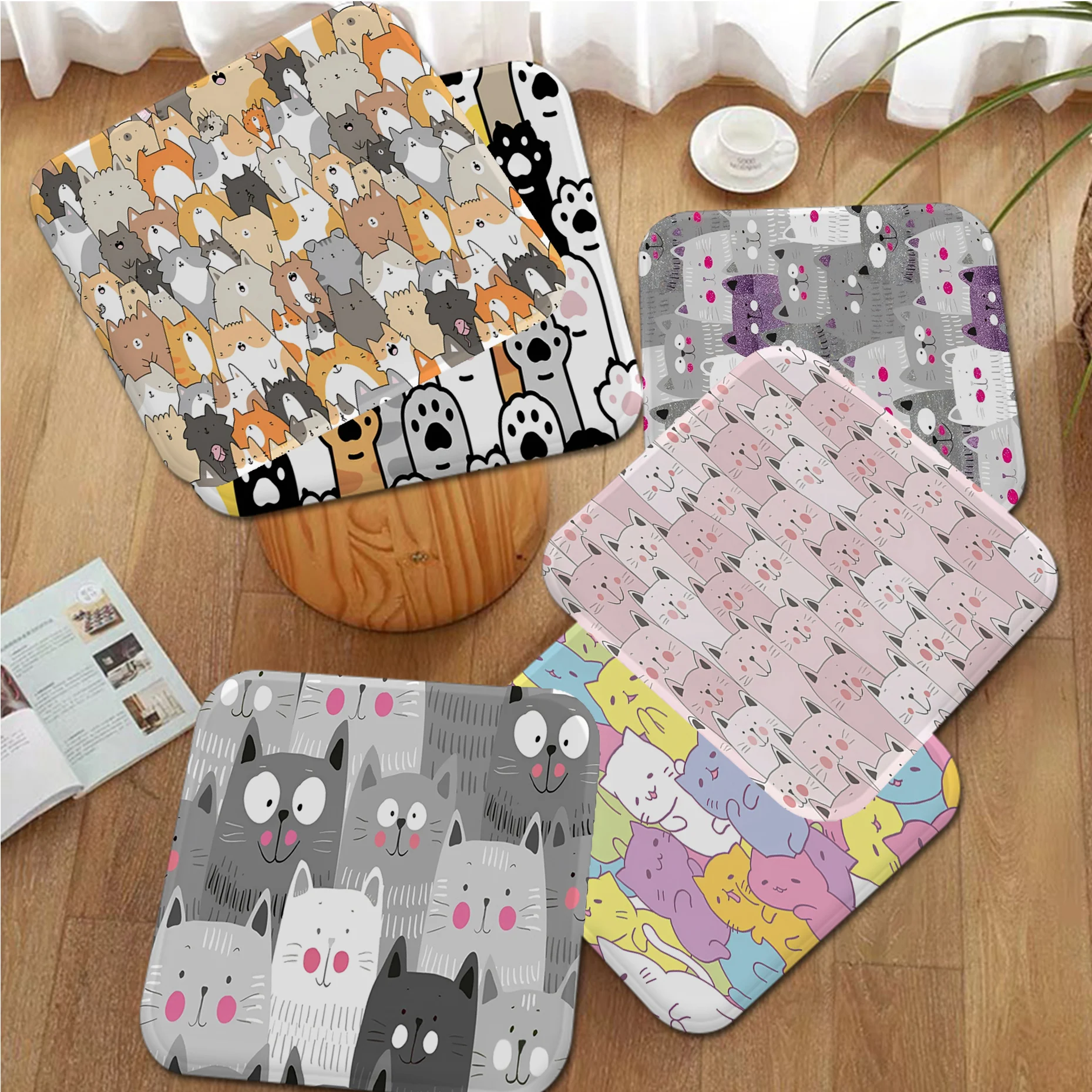 Cartoon Cute Cats Background Decorative Chair Mat Soft Pad Seat Cushion For Dining Patio Home Office Indoor Outdoor Garden Mat