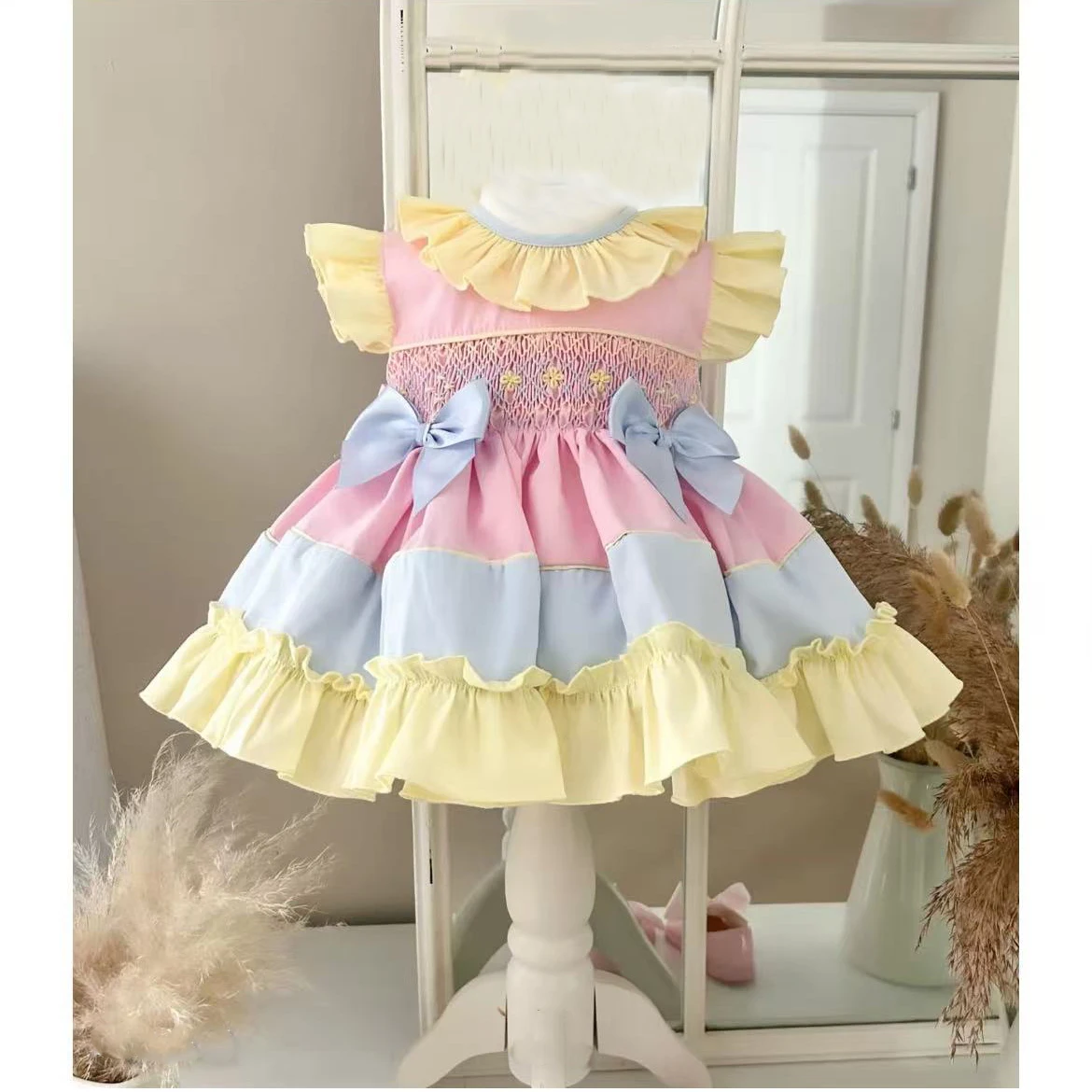 Baby Girl Summer Pink Smocked Yellow Flower Handmade Embroidery Blue Vintage Turkish Princess Dress for Party Photography A77