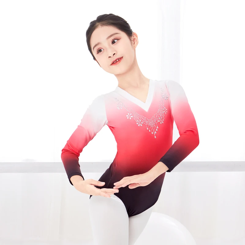 Ballett Trikot für Mädchen Kinder Langarm Diamante Gymnastik Trikot Bodys Polyester Bademode