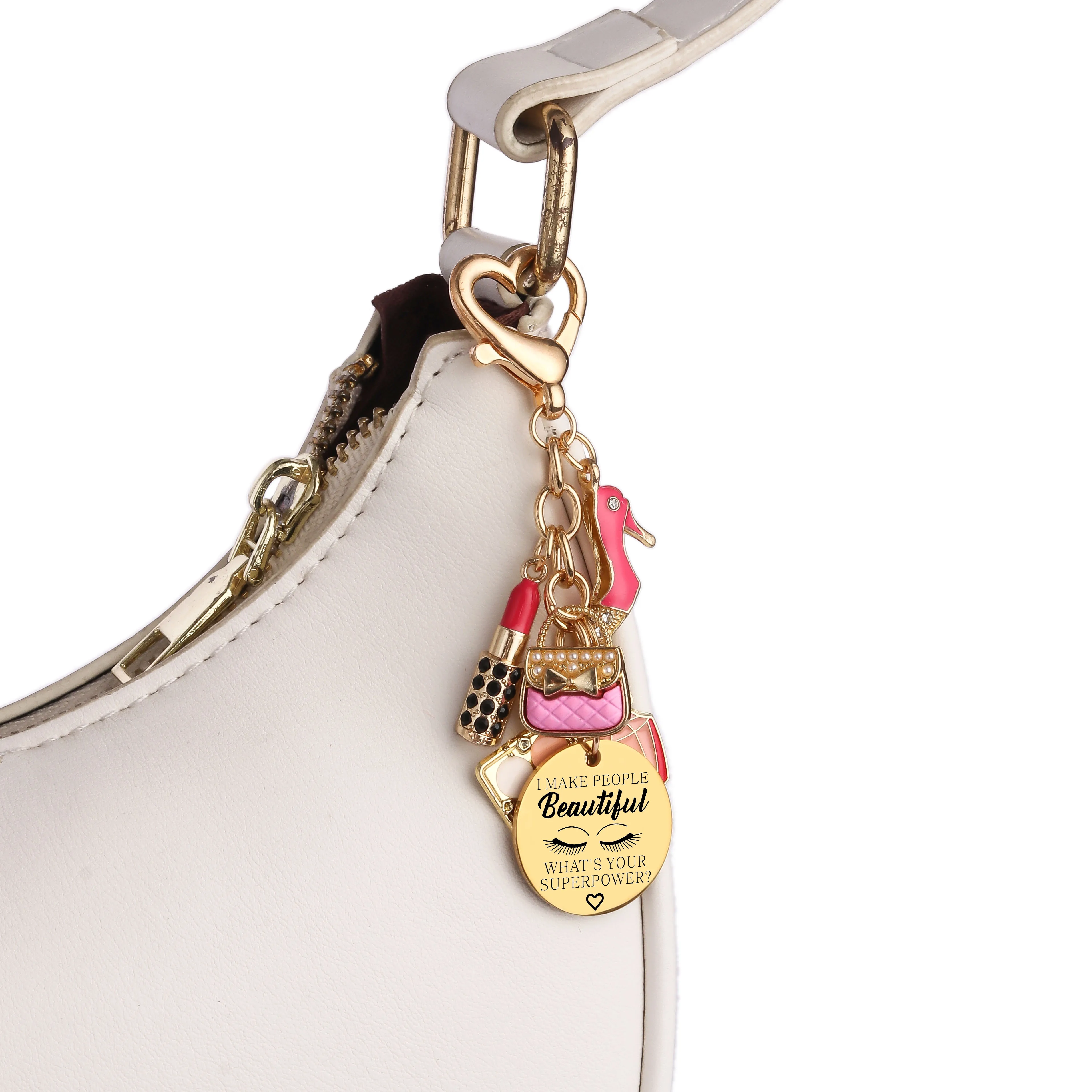 1pc Laser Engrave Eye Shadow Palette Handbag Lipstick High Heels Keychain Cartoon Cosmetics Series Key Ring For Friends Gift