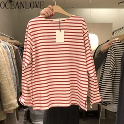 OCEANLOVE Spring Autumn T Shirt for Women Stripes Simple Korean Fashion Ropa De Mujer Loose Casual O Neck Long Sleeve Tees