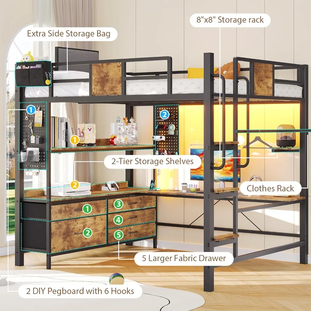 Loft Bed with L-Shaped Desk Full Size,Full Size Bed Frame with 5 Storage Drawers, Bunk Bed with Desk view 3