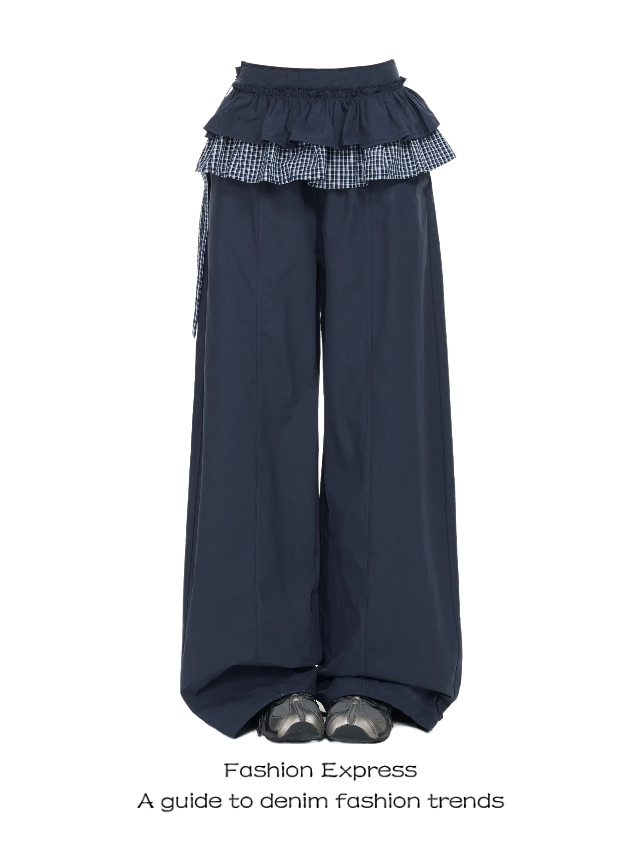 

Summer Plaid Ruffle Splicing Women's Work Pants High Waist Dancing Straight Leg Casual Wide Leg Trendy Commute Style Trousers