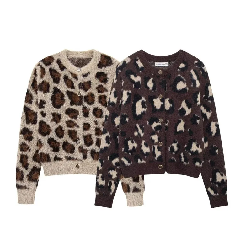 Fashionable Leopard Print Sweater Autumn/Winter Warm Single-Breasted Coat Women's Long Sleeve Knitted Cardigan Retro Plush Top