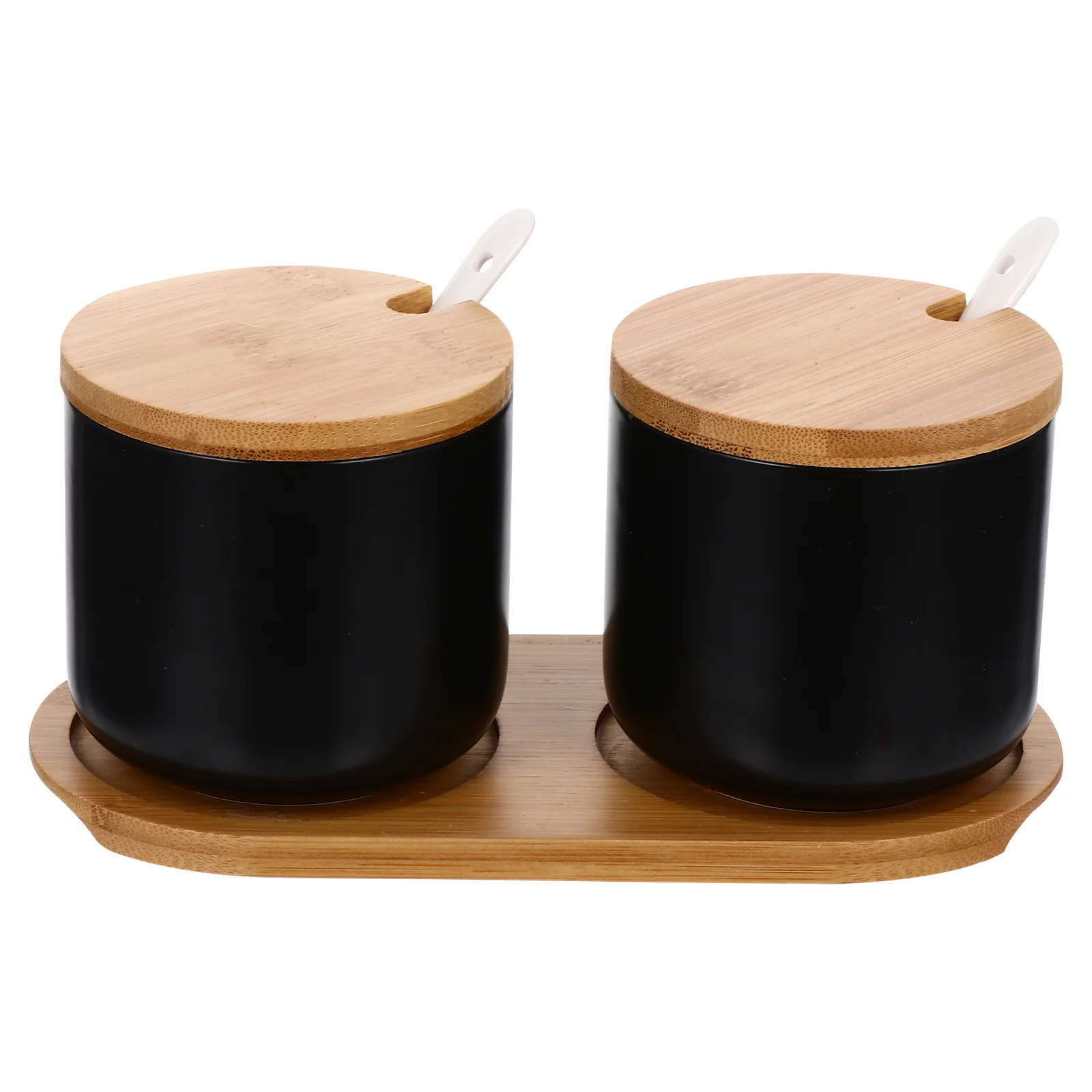 

1 set Ceramic Condiment Container Set Black High-Quality Spice Jars With Wooden Base Lid Spoon For Kitchen Seasoning Storage
