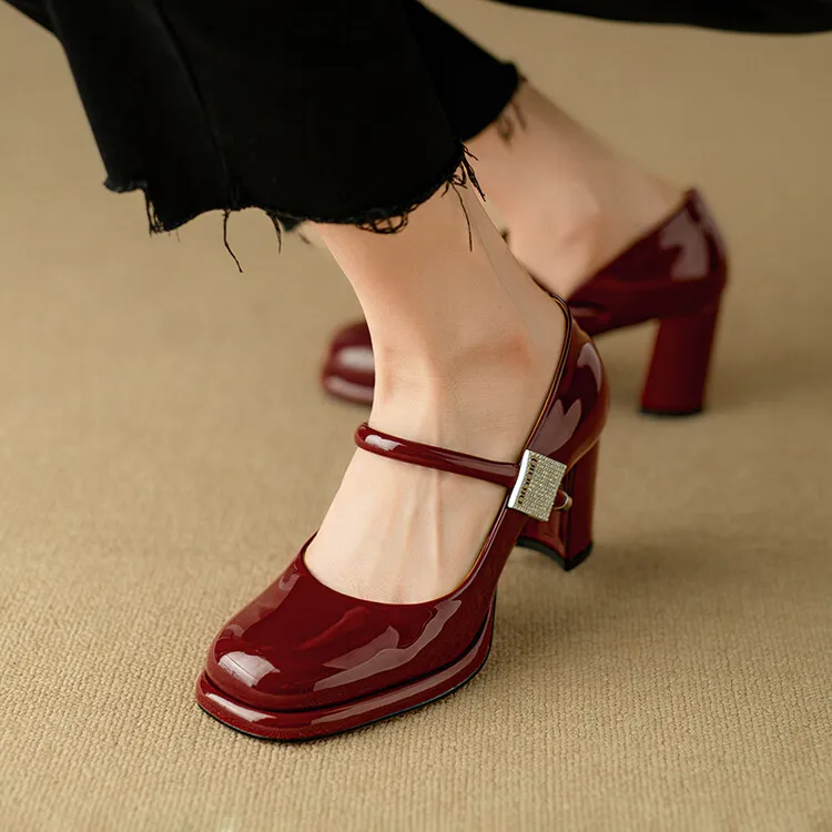 Wine Red Patent Leather Women Pumps Shallow Mary Jeans Wedding Shoes Platform Crystal Buckle Strap Square High Heels Zapatillas