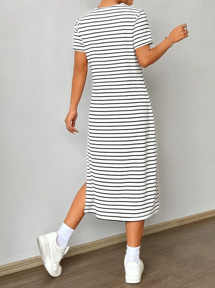 Round neck short sleeved striped printed slit dress