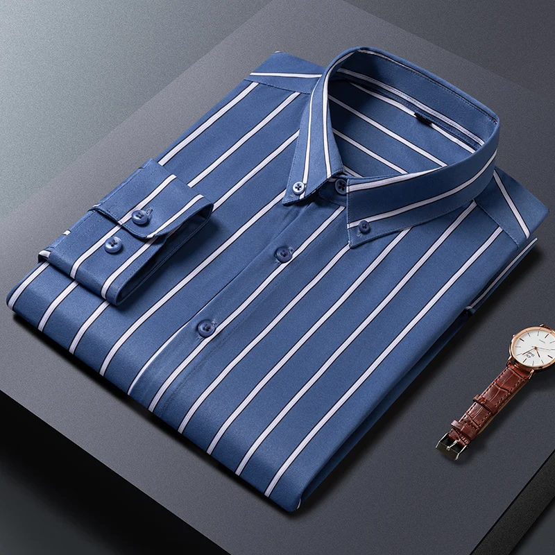 

Mens Striped Shirts Korean Fashion Business Formal Wear Long Sleeve Men's Social Shirt Dress Slim Fit Elastic Office Blouse Male