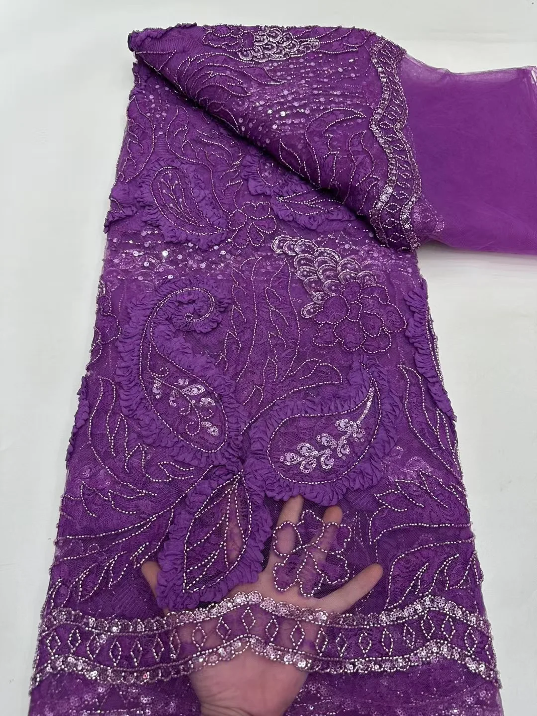 3D Beaded Tulle Lace Fabric, African Net Lace Fabrics with Sequins for Evening Dresses, High Quality, Latest, C329, 2025