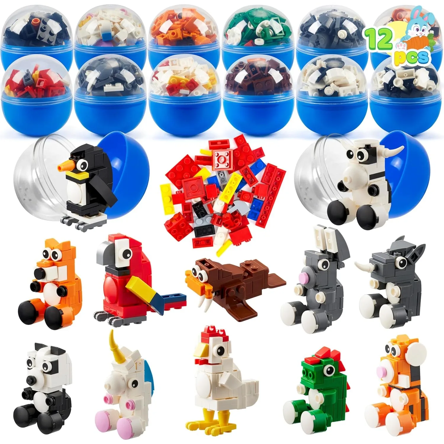 JOYFY 12 Pre-Filled Easter Eggs Party Packs with Adorable Animal Building Blocks for Easter Gifts Egg Hunt Easter Basket Filler