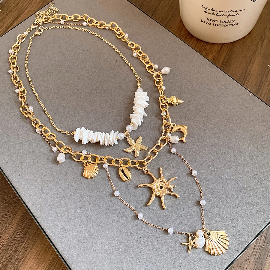 2 Pcs Irregular White Shell Chip Baroque Imitation Pearl Chokers Necklaces Dolphin Scallop Conch Pendant Necklace Jewelry Set M