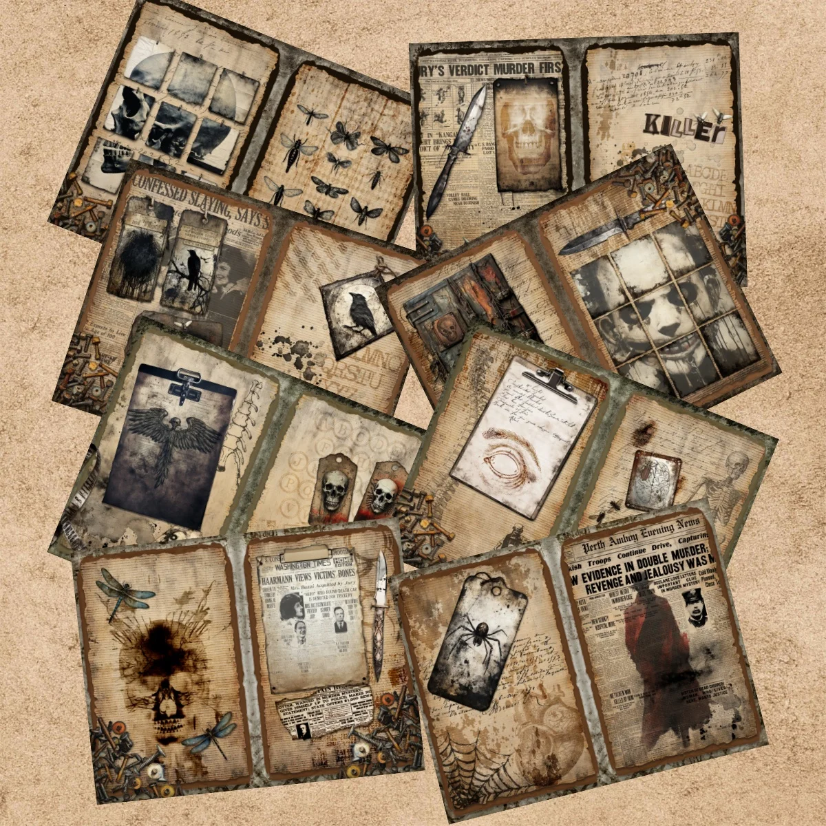16 Sheets A5 Size Halloween Clown Crow Skull Killer Background Vintage Grunge Journal Planning Scrapbooking
