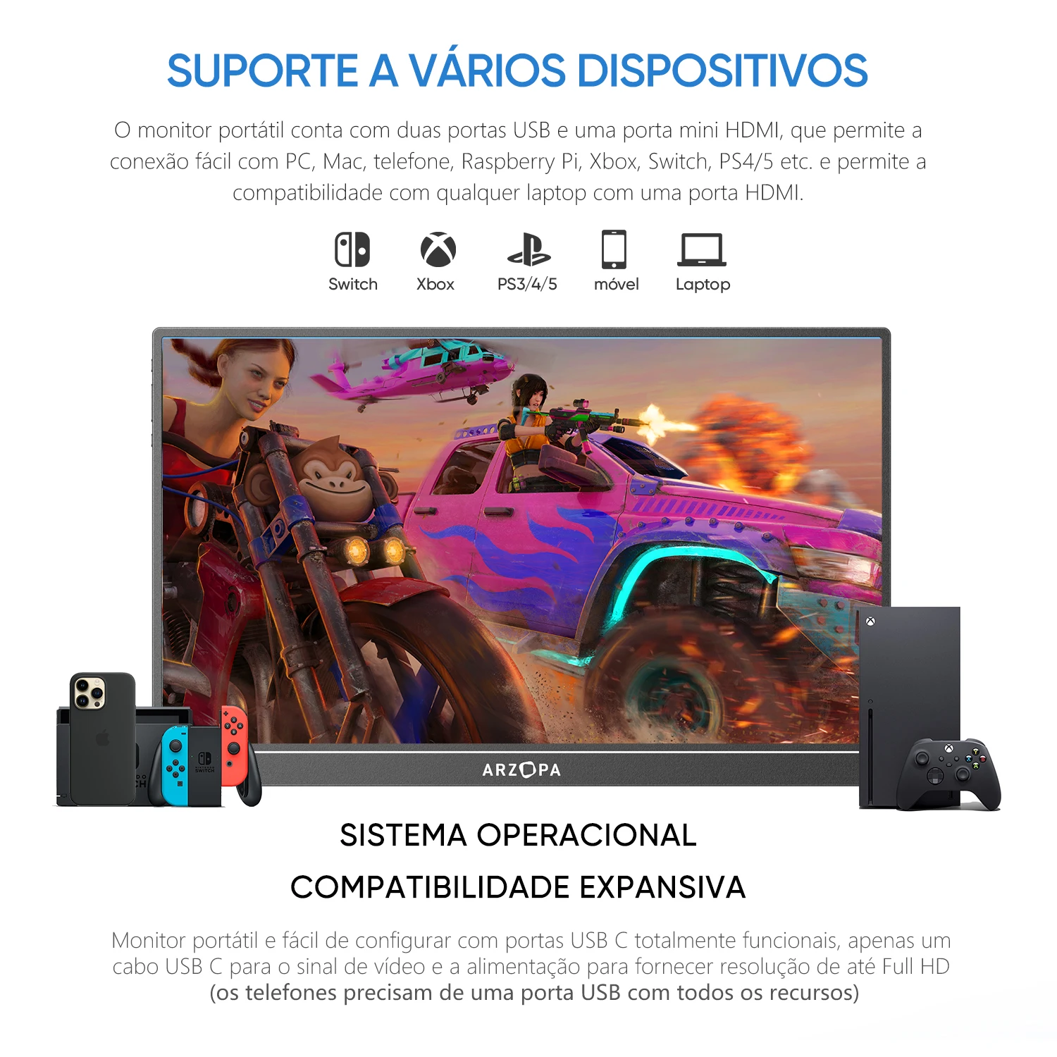 [produto no brasil] Novo ARZOPA 16.1 polegada 100% sRGB 144Hz Monitor de Jogos Portátil Display Laptop com Tipo C Mini HDMI Para PS4/5 Steam Deck