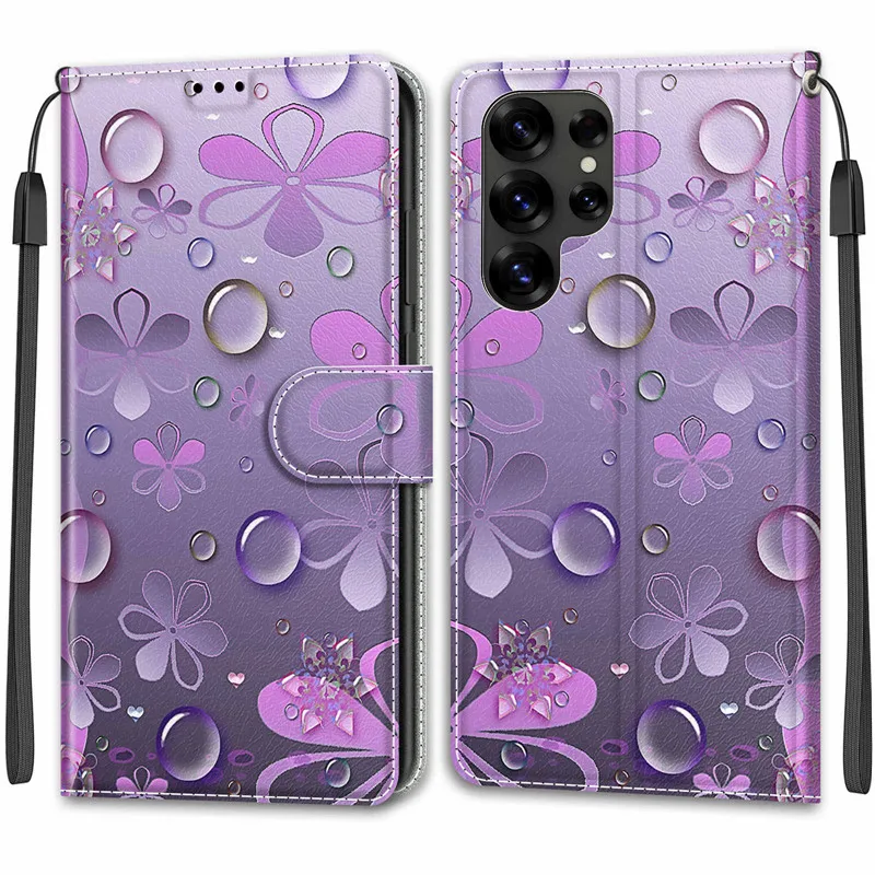 Flower Pattern Flip Case For Samsung Galaxy S25 Ultra S24 FE S23 Plus S25Plus 5G Wallet Leather Phone Cases Stand Book Cover Bag
