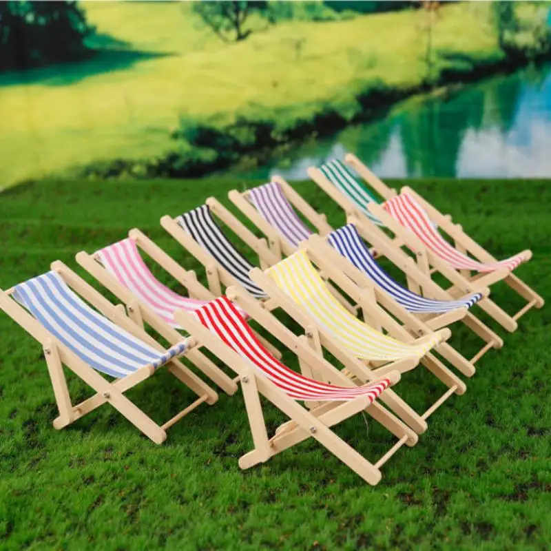 【M】1Pcs 1:12 Dollhouse Miniature Beach Chair Toy Striped Plastic DIY Foldable Deckchair For Dolls Decor