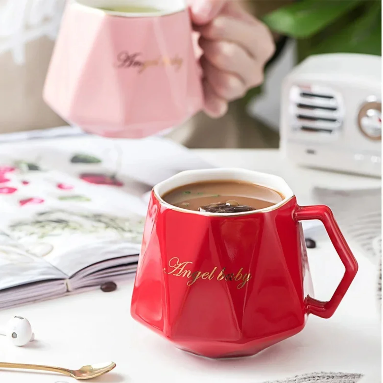 Tazas de cerámica con forma personalizada, taza de café geométrica creativa, taza para parejas, té de la leche, taza de agua, oficina y negocios