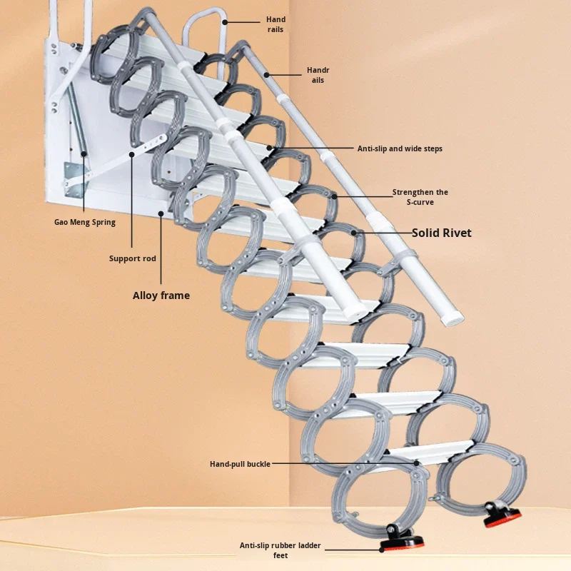 

！@Wall-Mounted Attic Telescopic Staircase Home Duplex Villa Indoor Folding Stretchable Retractable Lift Ladder Stainless Steel