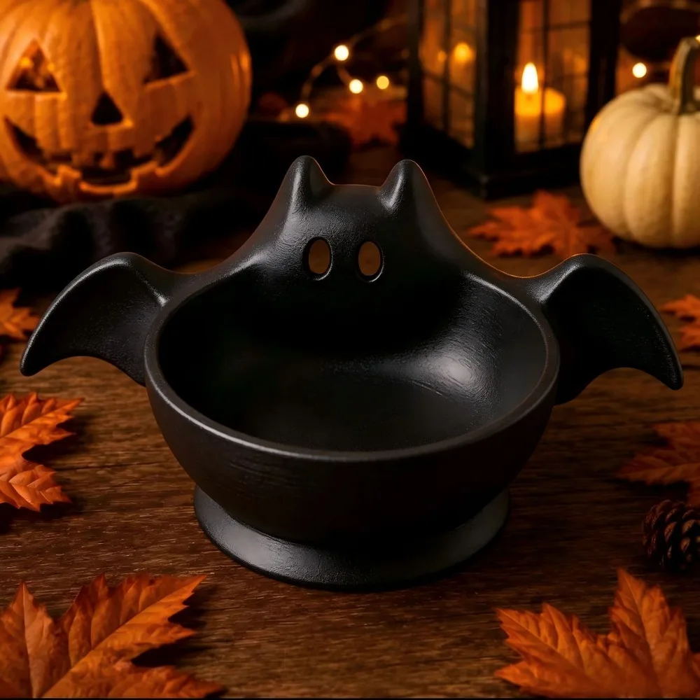 3D Printed Halloween Bat Shaped Storage Bowl Cute Gothic Ghost Bat Desktop Decor Tray Luminous Non-Slip Base