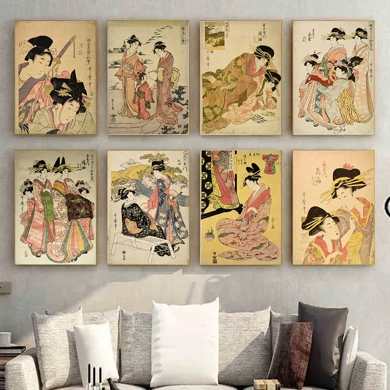 Vintage Japanese Woman Prostitute Canvas Painting Prints Poster Japan Style Wall Art Pictures Retro Dinning Room Wall Decoration