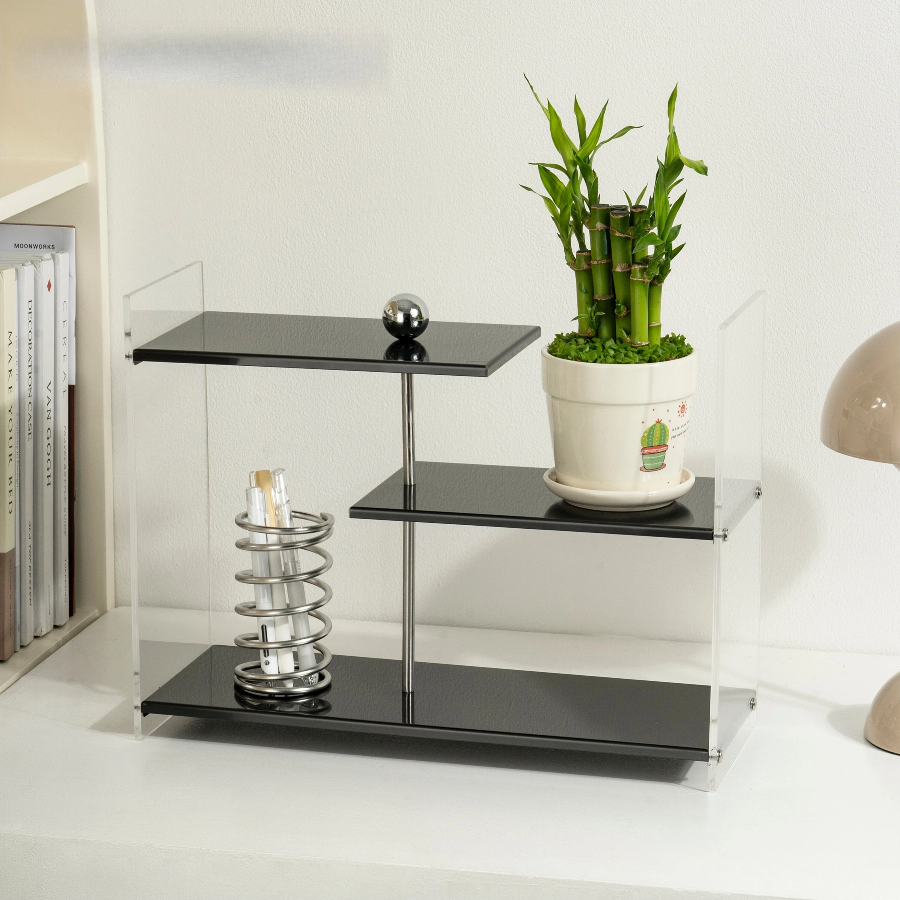 New Premium Minimalist Stainless Steel & Acrylic Multi-Tier Display Shelves, Versatile Desktop Storage Organizer for Home Office