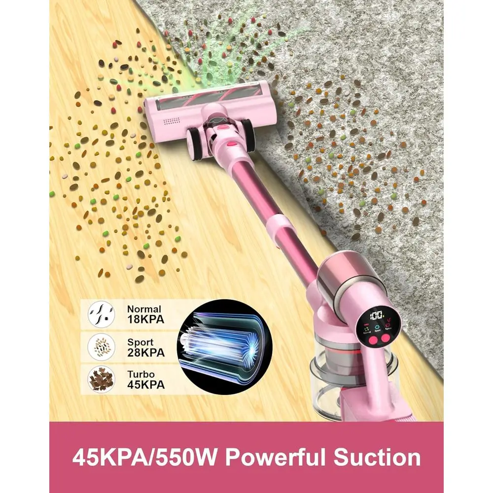 مكنسة كهربائية لاسلكية وردية 550 وات، شفط 45 كيلو باسكال، وقت تشغيل 60 دقيقة، شاشة LED، فرشاة مضادة للتشابك للأرضيات الصلبة والسجاد
