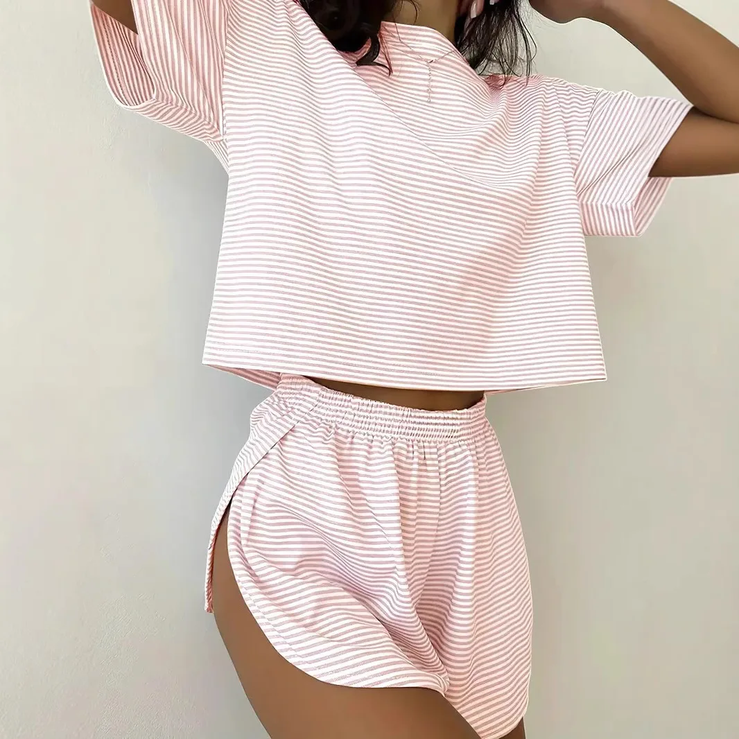 Women's Stripe Pajamas Set Short Sleeve T-Shirt And Shorts Sleepwear 2 Piece Set For Women Home Casual Loose Round Neck Pajamas