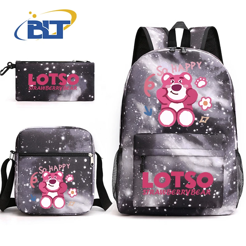 Lotso bear printed student school bag set casual backpack shoulder bag pencil case 3-piece set suitable for boys and girls