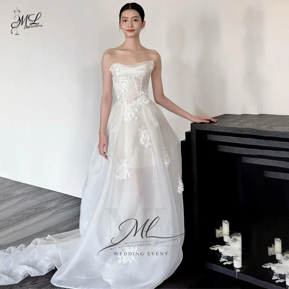 ML Dreaming Elegant White Lace Tulle Wedding Dress Sweetheart Korea Photo Shoot Outdoor Bridal Reception Gown Custom 웨딩드레스