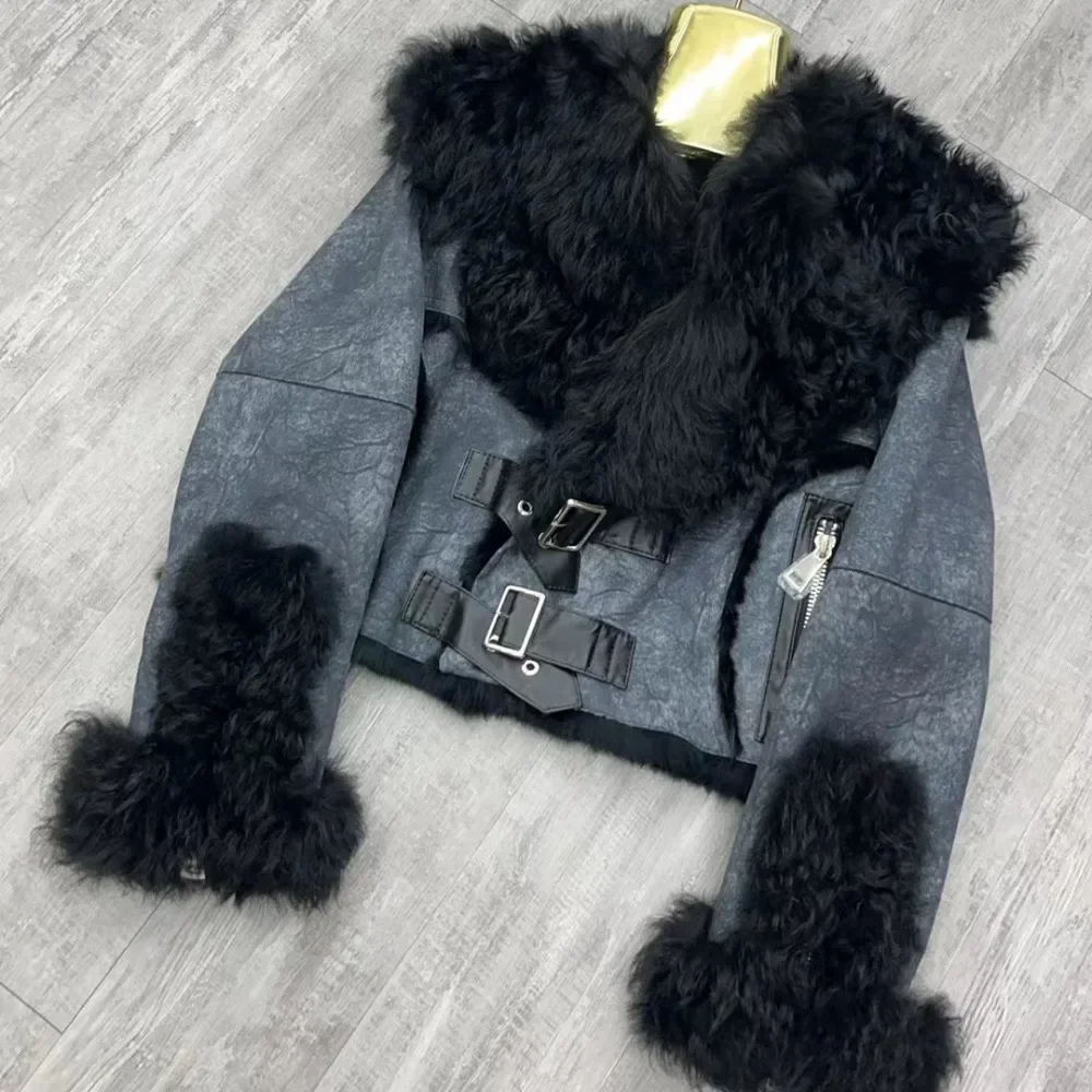 Chamois Leather Jacket Winter Outwear Rabbit Fur Coat Women\'s Short Fashion 2024 New Irregular Wool-fur Patchwork Coat