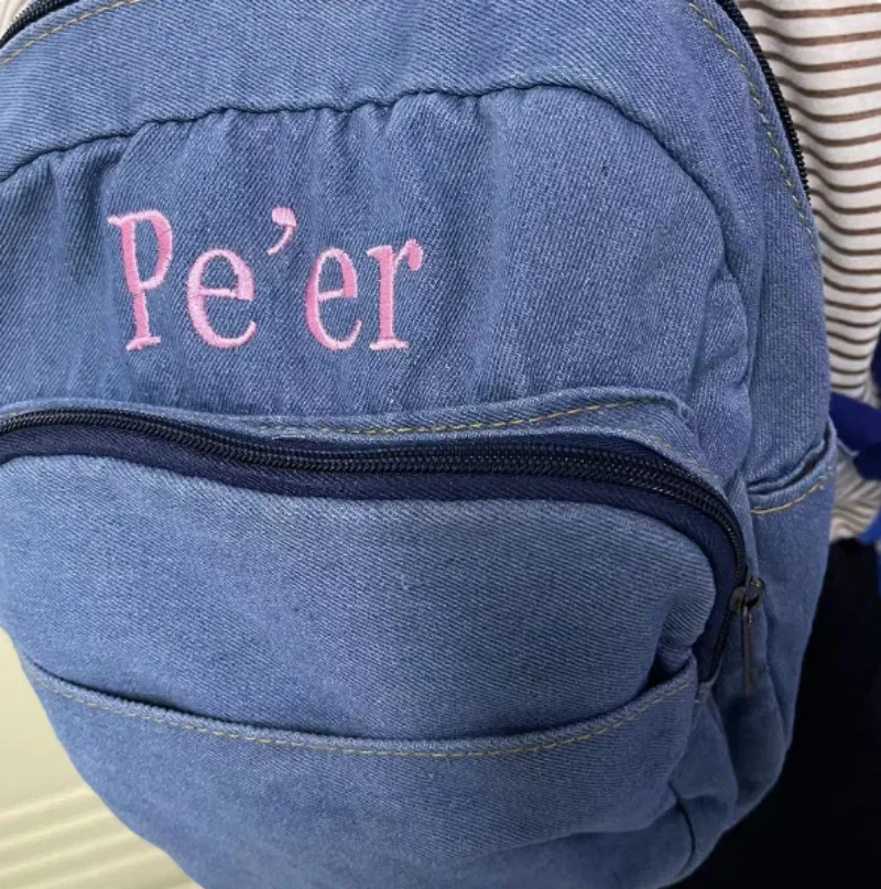 Personalised Embroidery Denim Backpack,Jean Backpack for Women Daypack Jeans Student Rucksack Travel School Bookbag Shoulder Bag