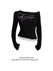 Slim Fit Long Sleeve T-Shirt Women's Early Autumn New Lace Splice Design Sensation Pure Desire Style Top Ins Style Shoulder