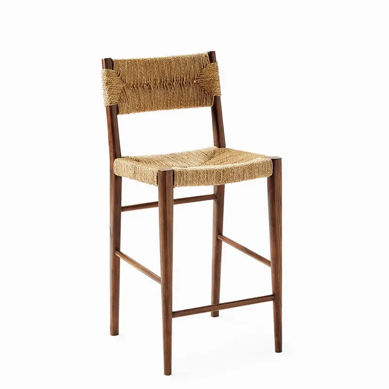 Solid wood backrest high legged chair Weaving rope high bar chair Handmade weaving of homestay chairs