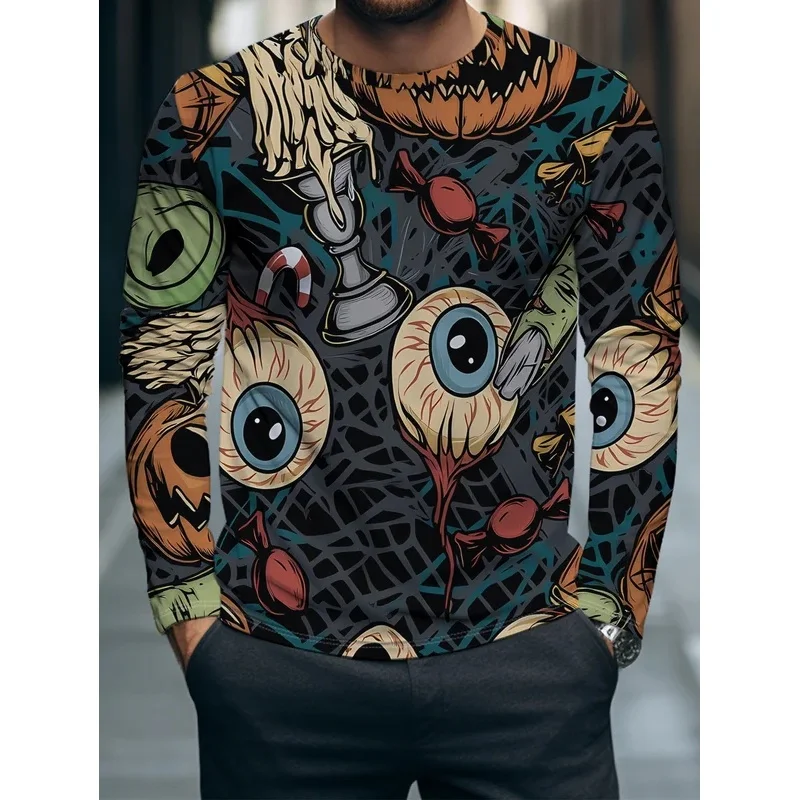 Men Long Sleeve T‑Shirt Halloween All‑Over Print Pumpkin Eyeball Zombie Candy Crew Neck Horror Casual Tops