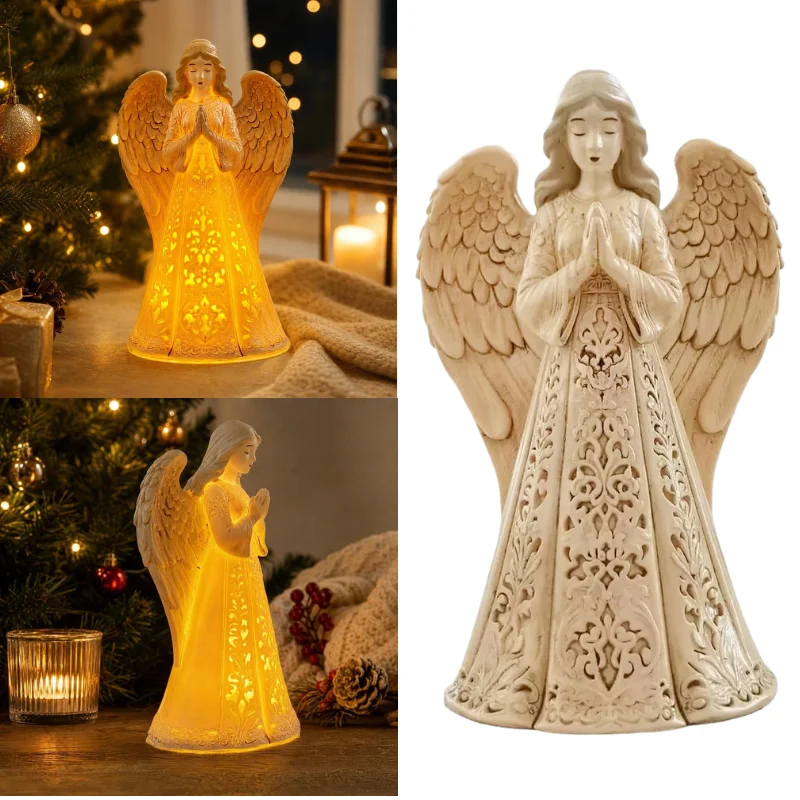 Christmas Resin Praying Angel Statue with Built‑in Warm LED Light Hollow Carved Christmas Desktop Ornament Home Holiday Decor