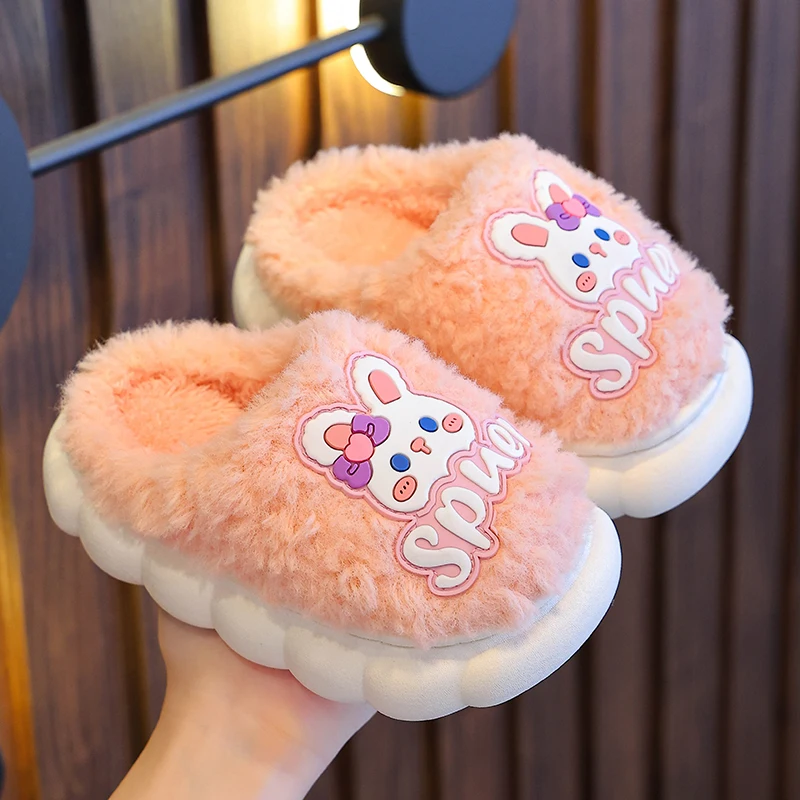 New Winter Cute Rabbit Bear Children\'s Warm Non-slip Plush Slippers For Girls Boys Home Indoor Fluffy Mule Kids Cotton Shoes