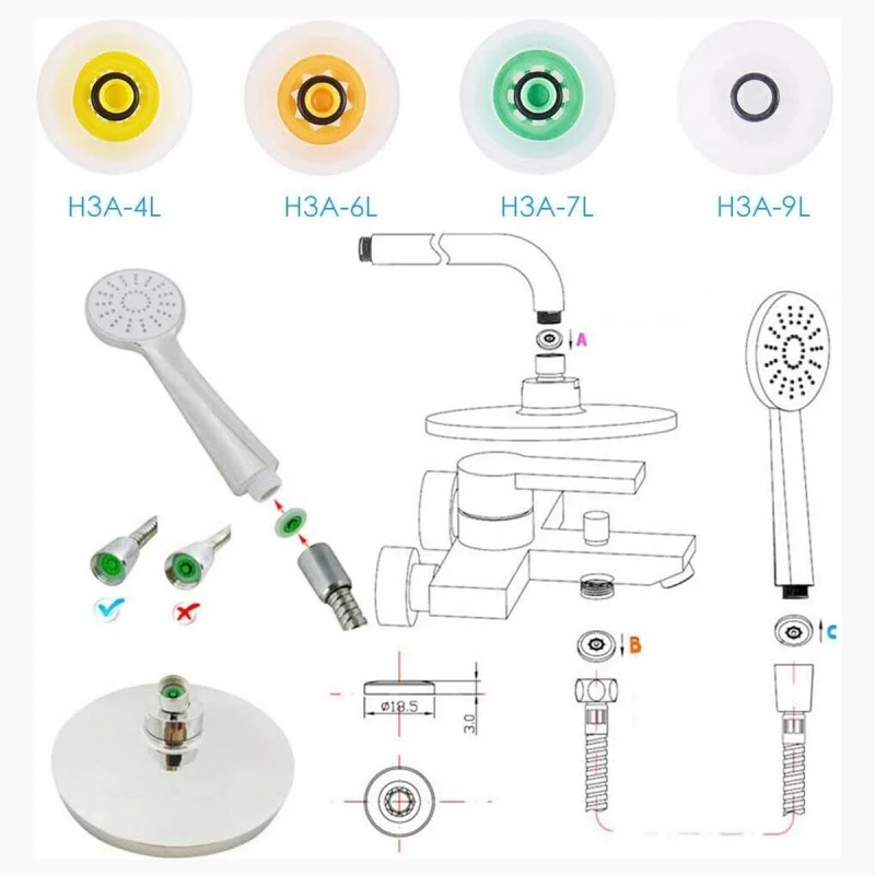 4pcs Shower Flow Reducer Limiter Set Water Saving 4L 6L 7L 9L/min Hose Restrictor HA Series Top Spray Shower Accessories