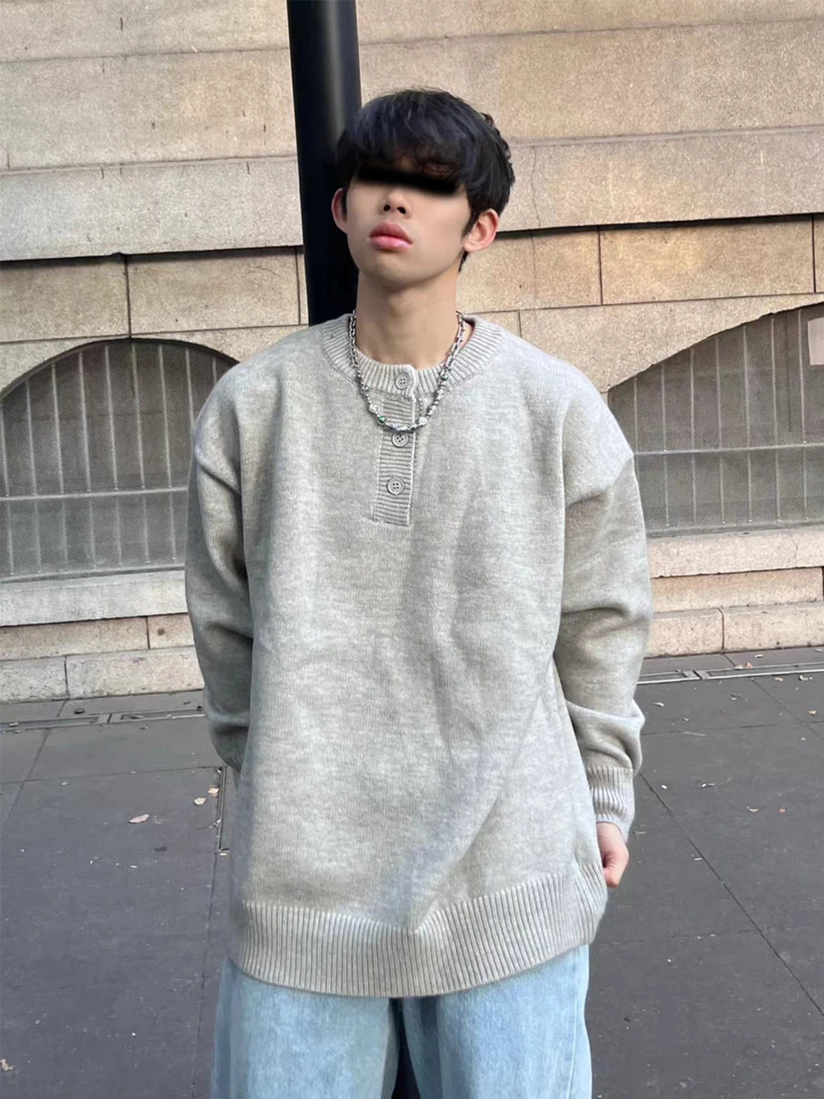 

Autumn Winter Men's Henry Collar Sweater Loose Casual Vintage Color Knitted irt Button Base Layer Youthful Energy Sle