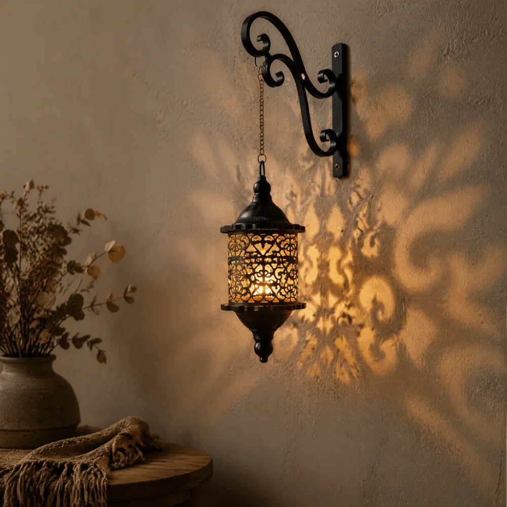 Moroccan Iron Material Hanging Candle Holder 7.28x3.35in Black Tea Light Holder Hollow Out Design Metal Candle Holder For Patio