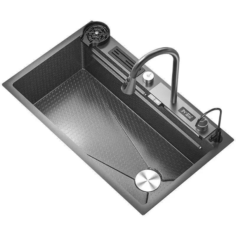 New Arrival Multi-function Gun Grey Waterfall Single Bowl Kitchen Sink Set Nano Stainless Steel Handmade Sink With Faucet