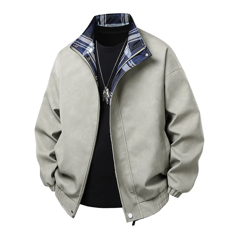 

Man Leather Coat Autumn American Retro Punk Plaid Patchwork Stand Collar Male Jacket Windproof Long Sleeve Zipper Man Outerwear