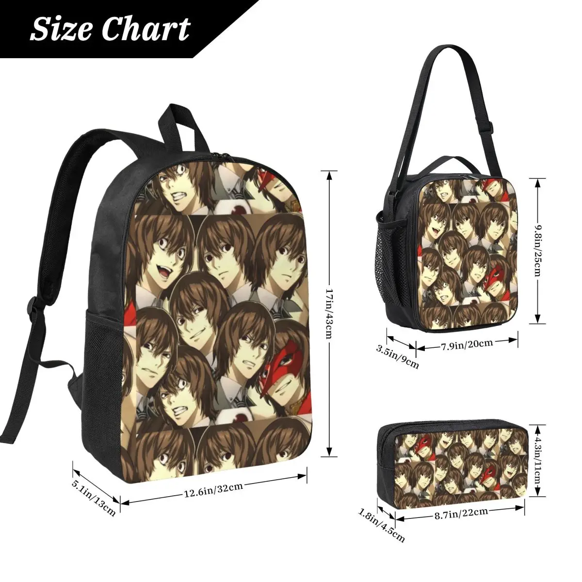 

Many Faces Of Goro Akechi Backpack Student BookBag School Bag Computer Shoulder Bags 3ps Insulated Lunch Bag Pencil Case