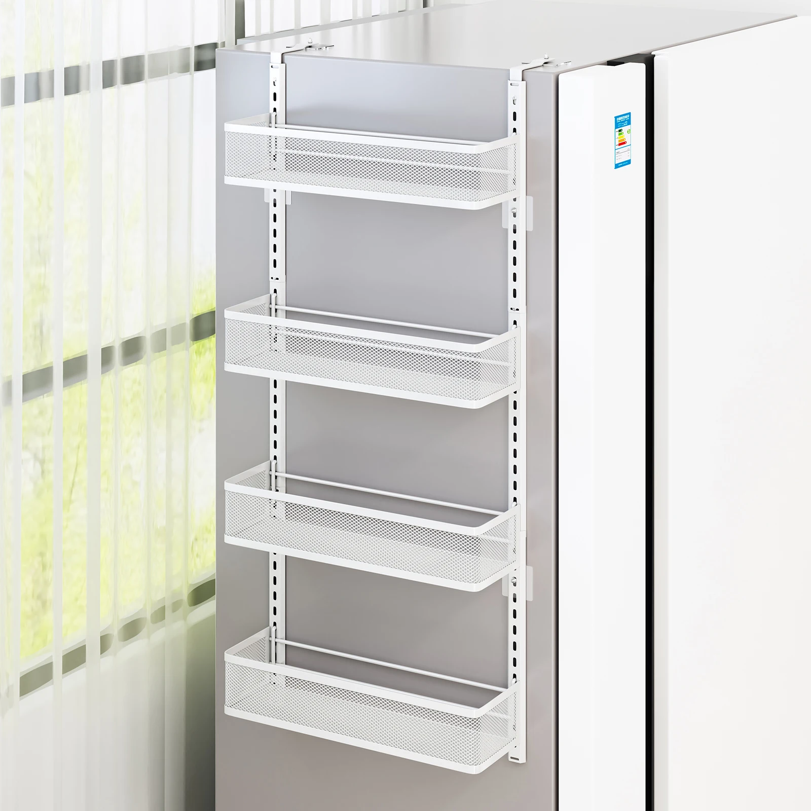 1Pc Refrigerator Side Storage Rack Hanging Basket Hook Multi-Layer Organizer Spice Rack Cling Film Metal Basket No Drilling Required Large Capacity Hanging Refrigerator Rack Seasoning Shelves with 3/4/5 Baskets