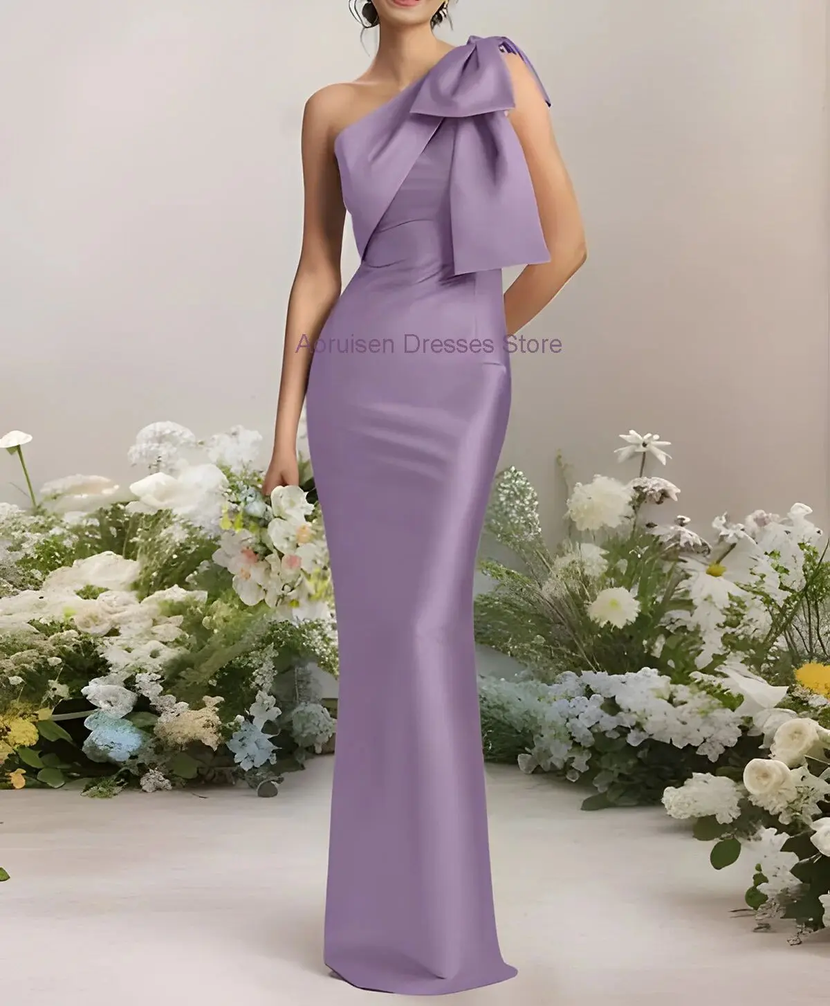 One Shoulder Elegant Satin Mother of the Bride Dresses With Back Slit Long Bodycon Formal Evening Wedding Party Gowns With Bow