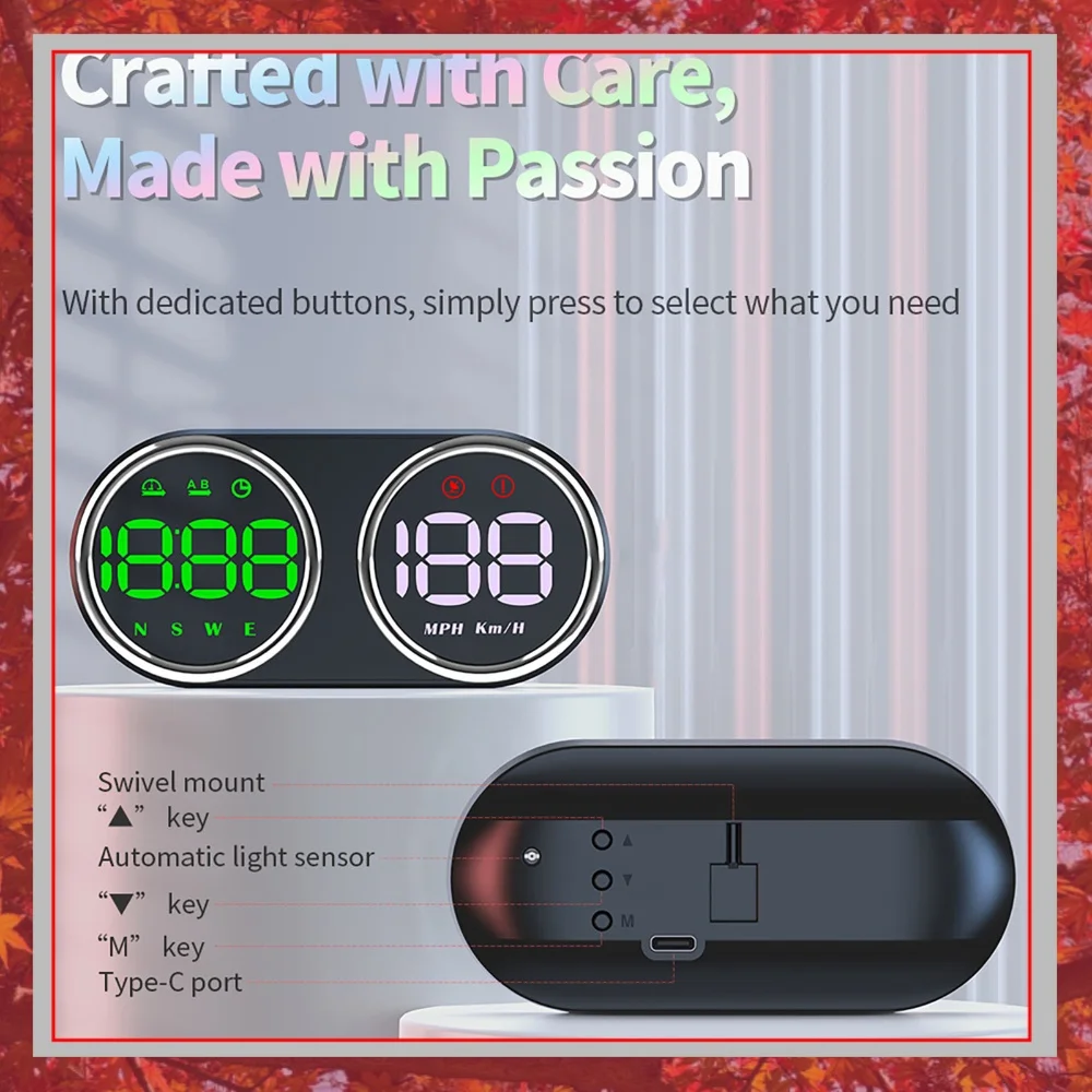 Head up Display GPS HUD Car 4 Inch Split Screen Speedometer Driving Time Mileage Adjustable Backlight Type-C