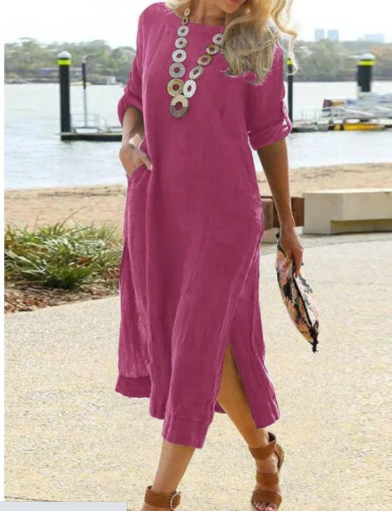 Casual solto algodão e linha vestido feminino nova cor sólida vestidos de manga curta para mulher 2025 moda em torno do pescoço fenda vestido feminino