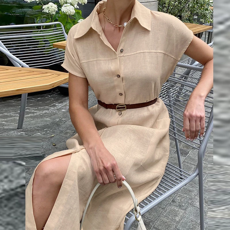 

Temperament Elegant High Waist Long Dress Women Lapel Single-Breasted Dress Spring Summer New Commute Holiday Cotton Linen Dress