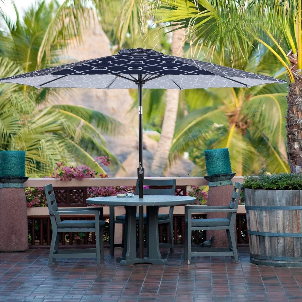

9ft Fiberglass Patio Umbrellas, Outdoor Printing Auto-Tilt Market Umbrella With 8 Sturdy Ribs, Navy Blue & White Printing