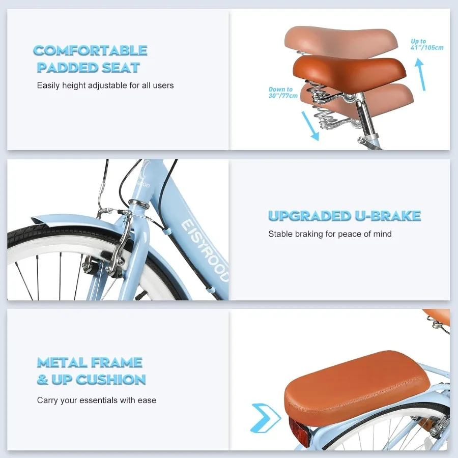 Bicicleta dobrável de praia cruiser de 26 polegadas para mulheres com engrenagens de 7 velocidades, cesta integrada e rack traseiro projetada para uma cidade confortável C