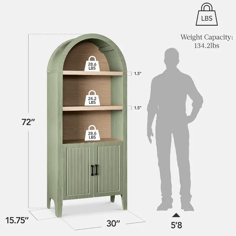 Best Choice Products Tall Arched Pantry Cabinet w/Reeded Doors, 5-Tier Bookshelf, Armoire, Hutch, Bookcase, Storage Cabinet