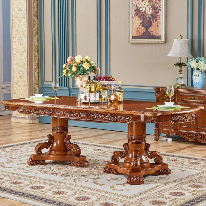 

European Style Full Solid Wood Telescopic Dining Table Restaurant Rectangular Large Table Hotel Conference Table Oak Carved Tabl